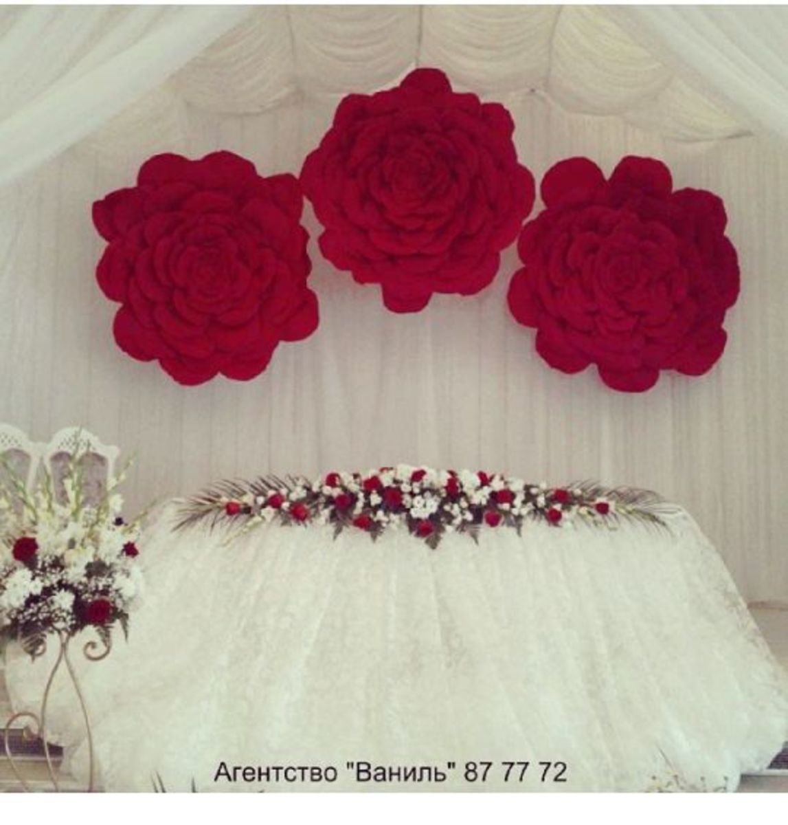 Large red flowers on a white chiffon backdrop