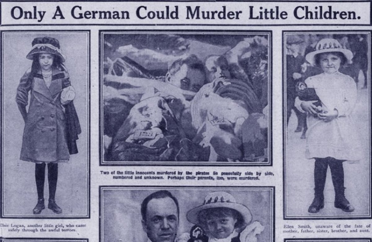 Daily Sketch (a London newspaper) gives its version of events on the Lusitania, "only a German could murder little children"