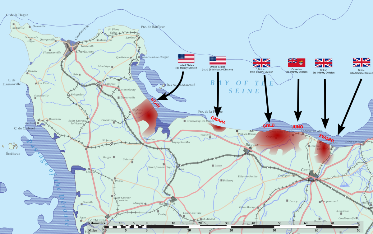 Map of the beaches and first day advances as Allied troops establish a bridgehead.