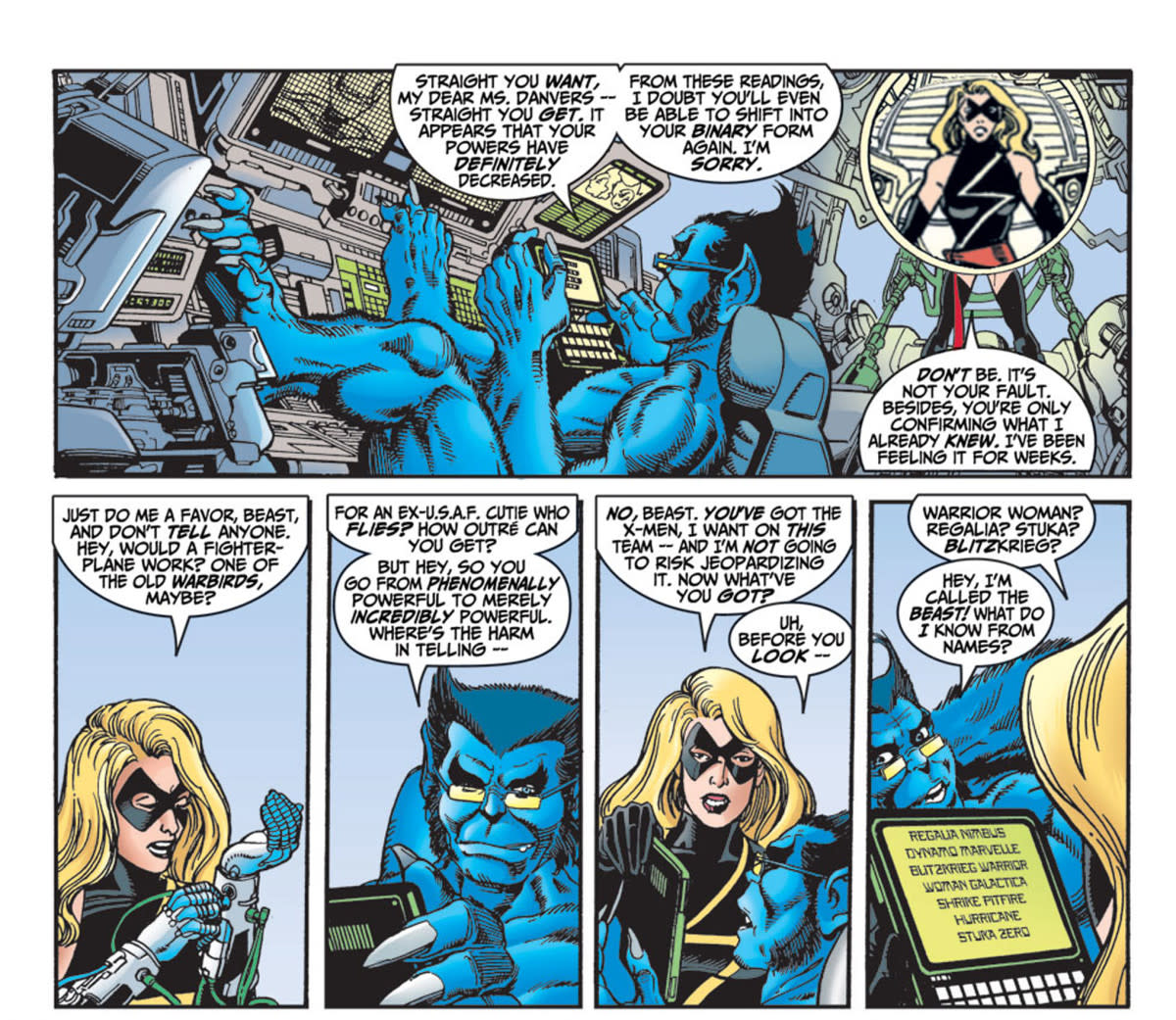 Beast confirms that Carol Danvers' powers have been reduced and that she can no longer manifest into her Binary form. Thus, a new name is in order. (Panels from Avengers #4 1998).