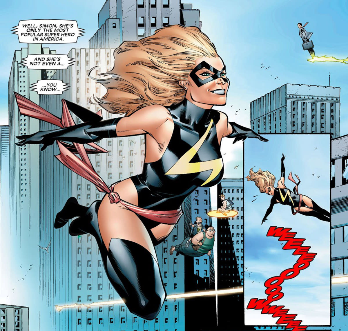 House of M #2 introduces Carol Danvers in the comic series. She is not named Captain Marvel in this issue. However, she is named as such in the very next issue as shown in the page below this panel.
