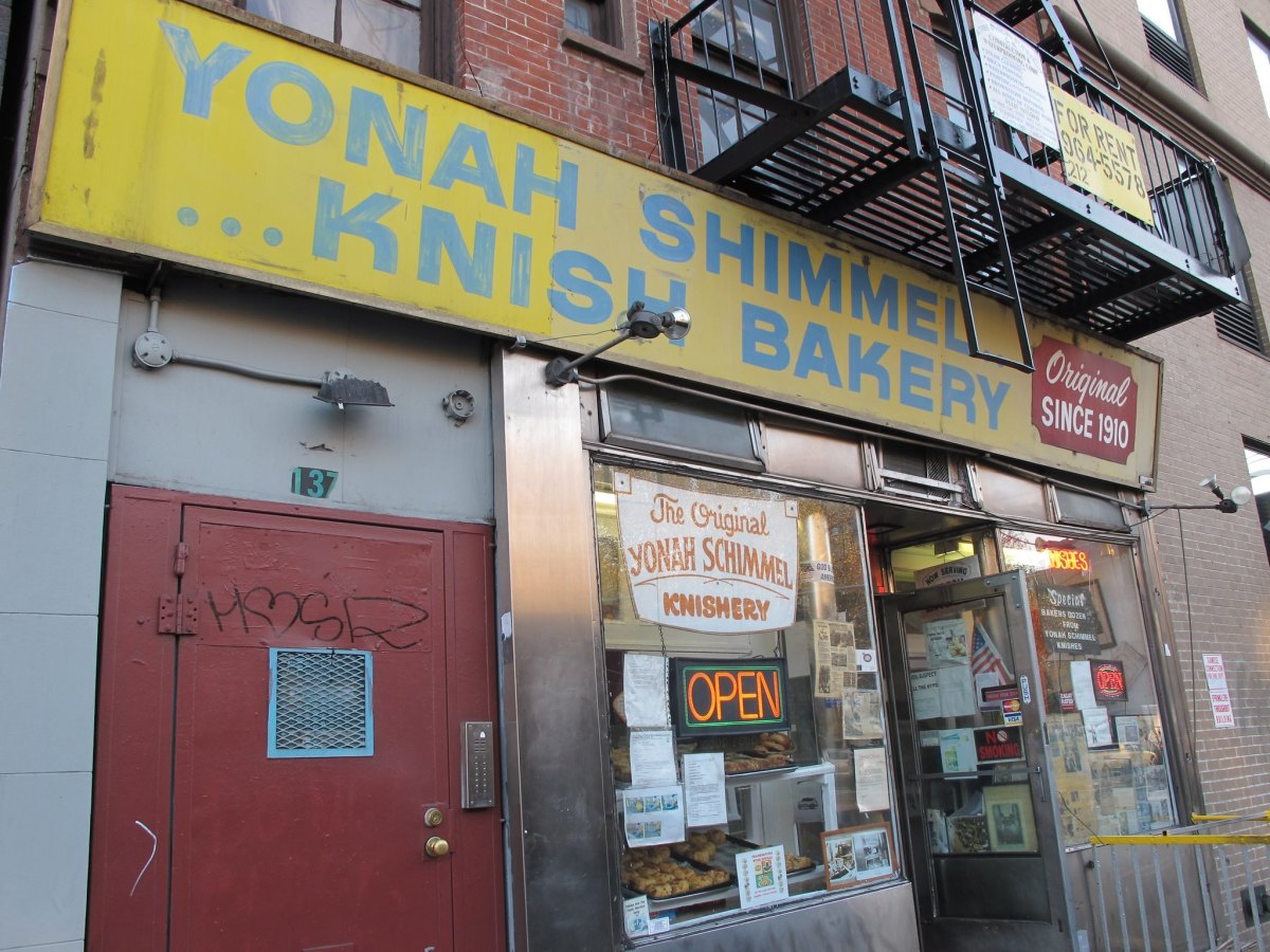 The Yonah Schimmel Knish Bakery, open since 1910, is located in New York City's historic Lower East Side.