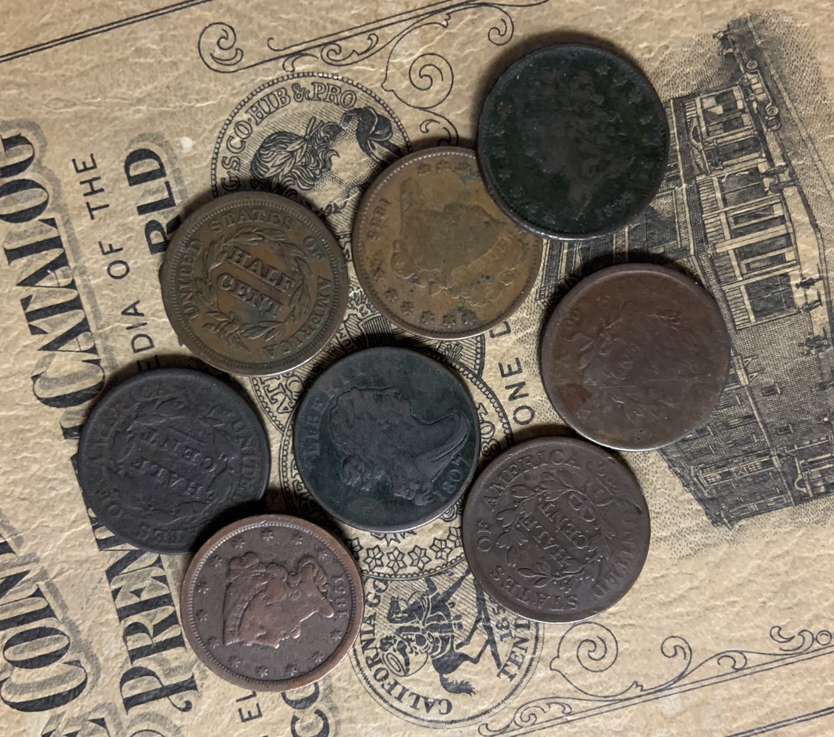 A collection of United States half cent coins.