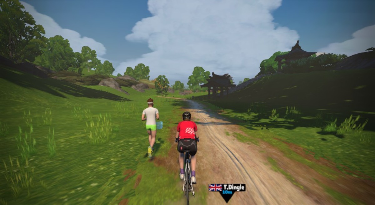 The author (CyclingFitness) cycling amongst the temples of the virtual world of the Makuri Islands