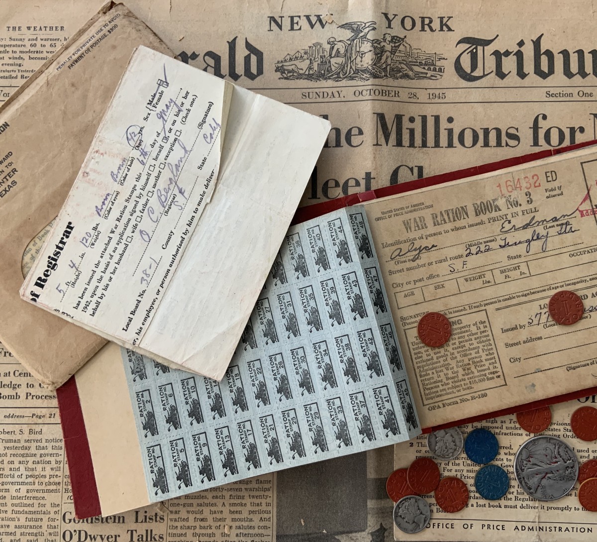 Rationing books and tokens from World War II.