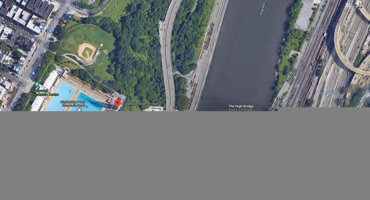 The approximate area from which Peebles tossed the gun (circled). It's nearly 140 feet above the Harlem River. 