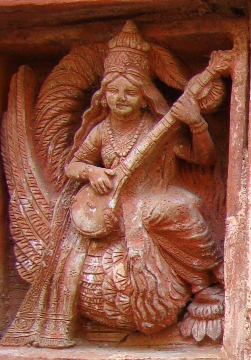 Goddess Saraswati with her mount swan; terracotta