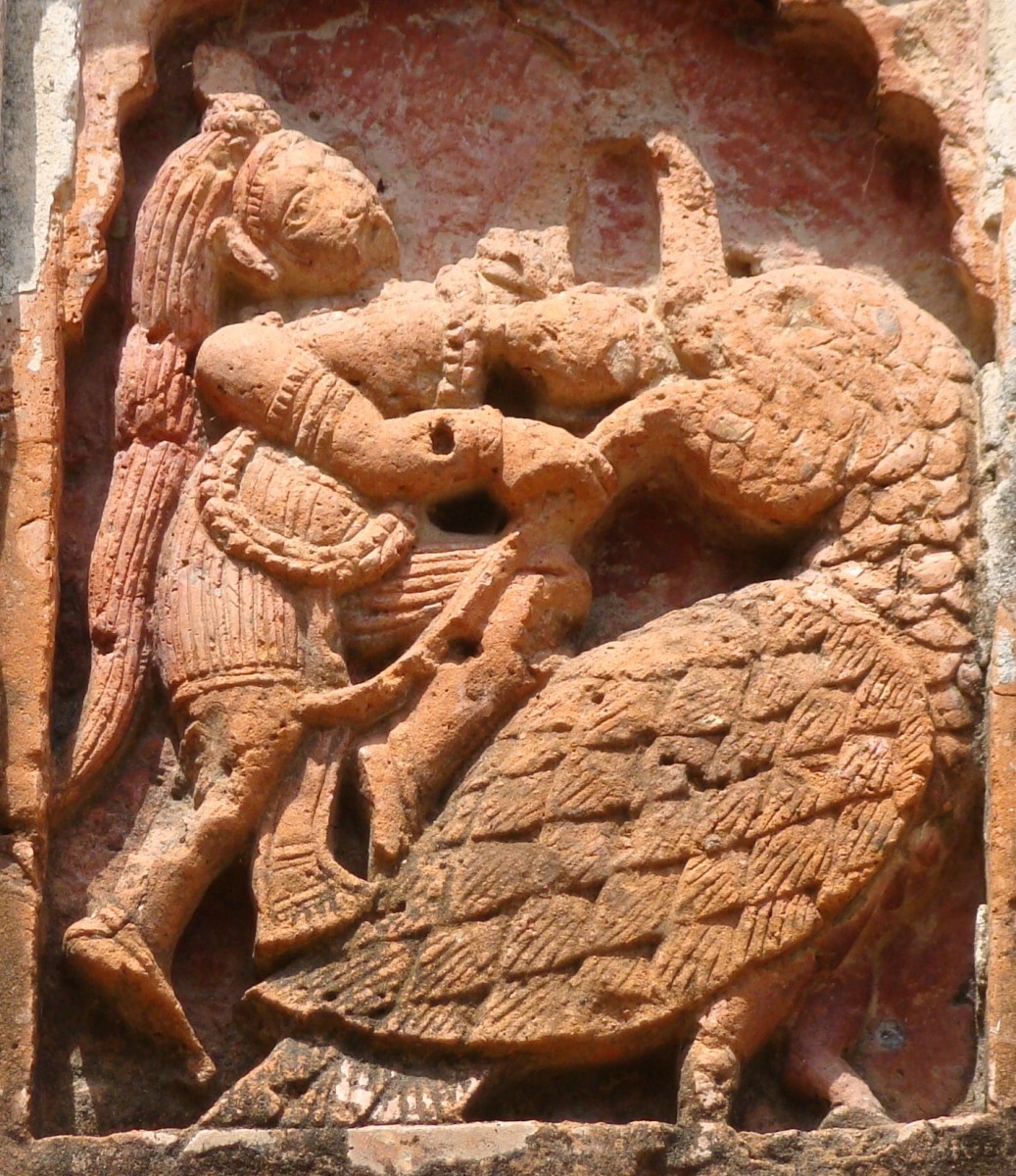 Lord Krishna slaying Bakasura the demon; terracotta