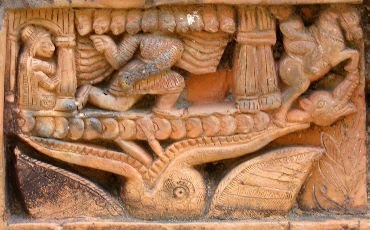 Suparsha, a huge bird attacking Ravana while he was absconding with Sita; terracotta