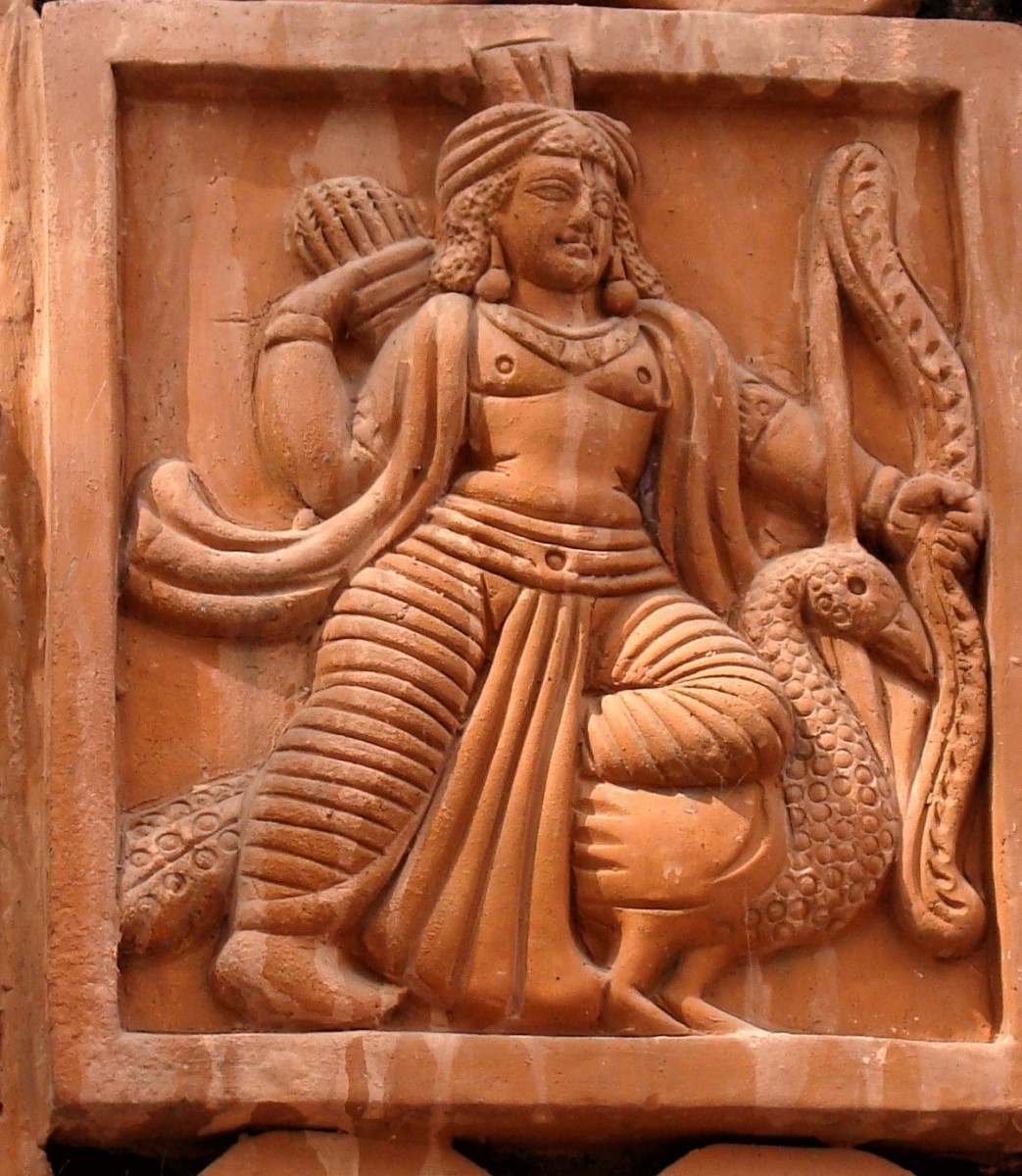 Lord Kartikeya on his peacock; terracotta