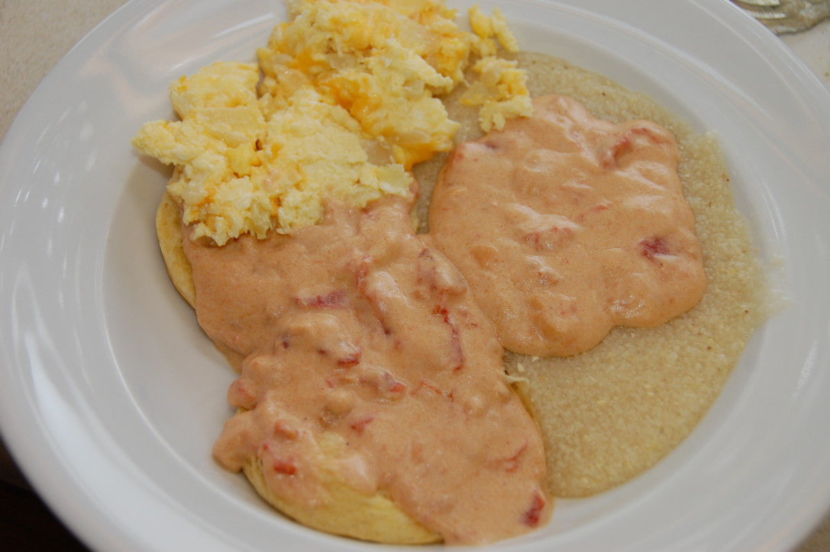 Breakfast for Supper- grits with tomato gravy and eggs scrambled with cheese
