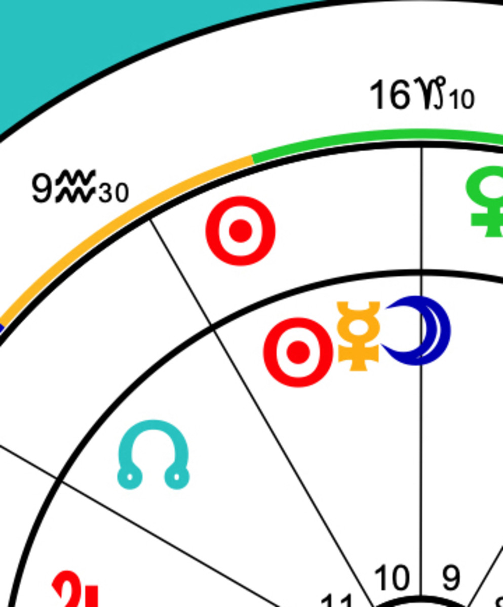 Zoom-in on the chart's upper left quadrant. Both their Suns (in red) align in the sign Aquarius.