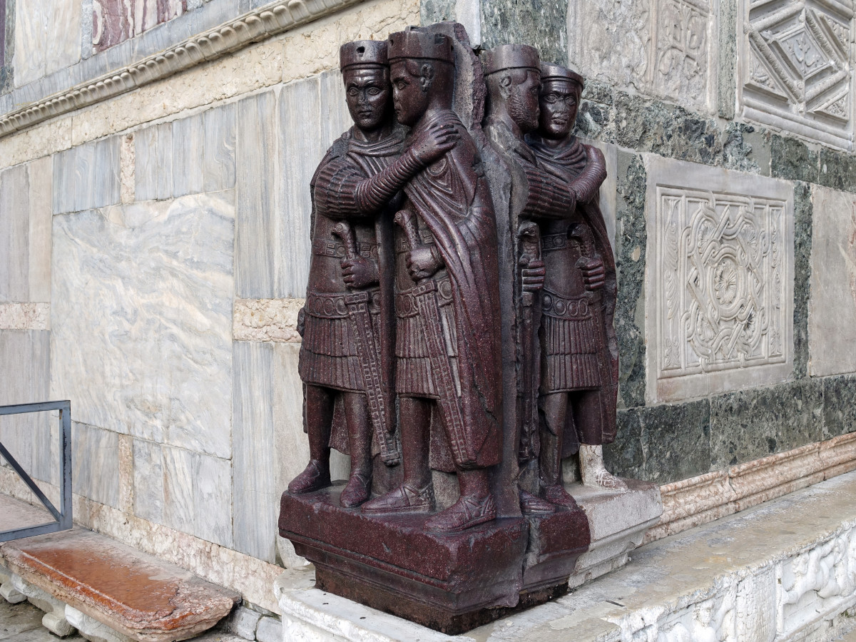 A statue group at a San Marco, Venice, church shows the tetrarchs as squat figures in military dress embracing each other.