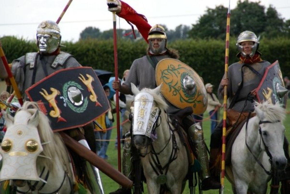 Reenactors dressed as Roman cavalrymen. 