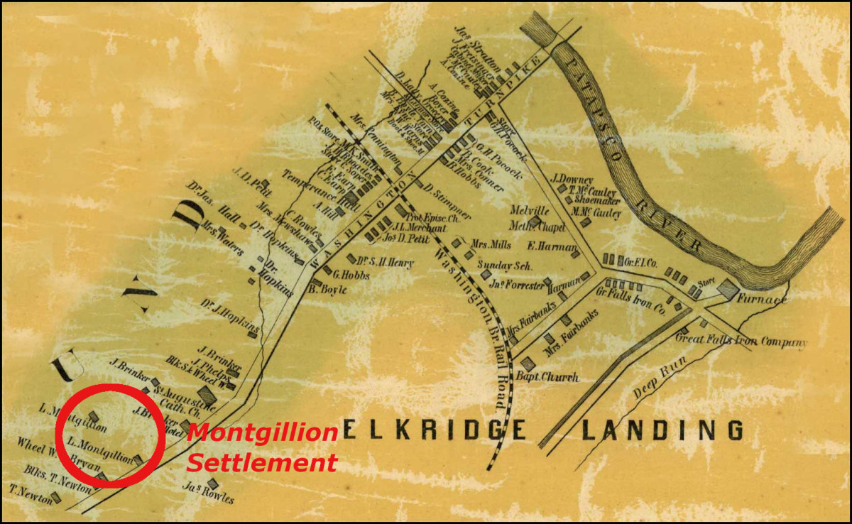 Detail of Elkridge Landing from Map of Howard County, 1860, by Simon J. Martenet, showing Montgillion Settlement