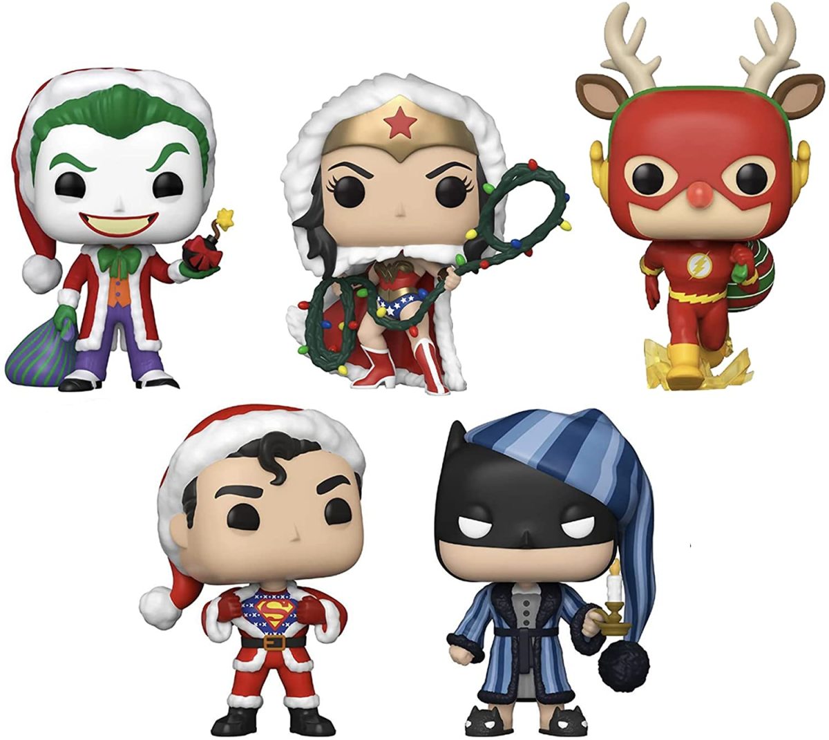 Batman, Wonder Woman, Superman, Joker, and Captain America All Dressed Up For Christmas.  No Fun with Funko!
