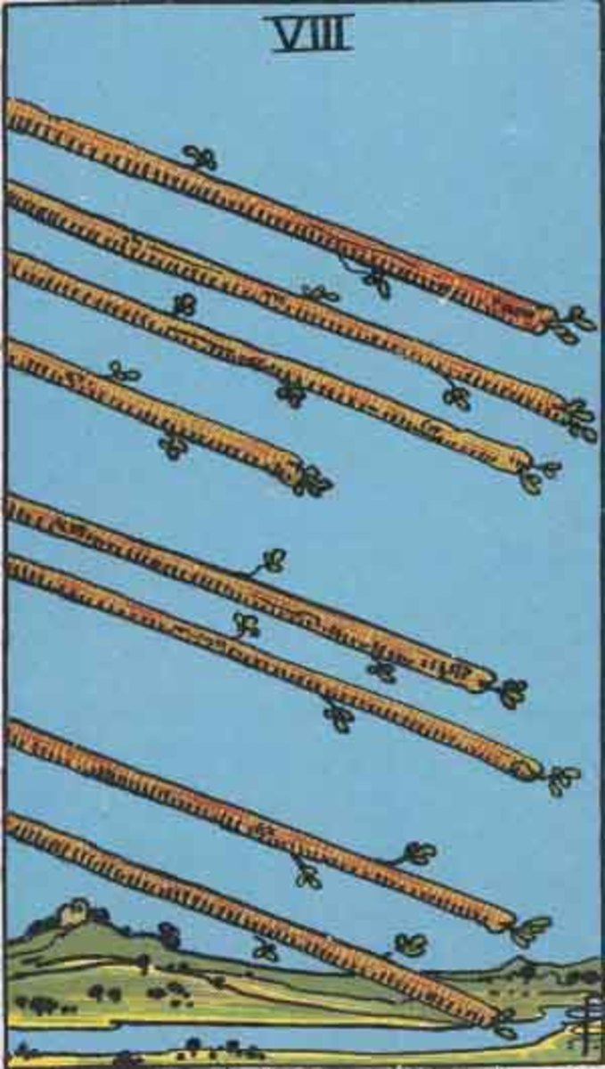In the Rider-Waite-Smith deck, the Eight of Wands shows eight wands up in the air. They're sprouting, which indicates growth, potential, and manifestation.