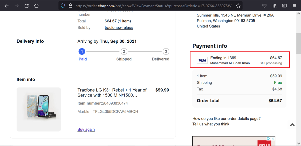 Order confirmation after payment.