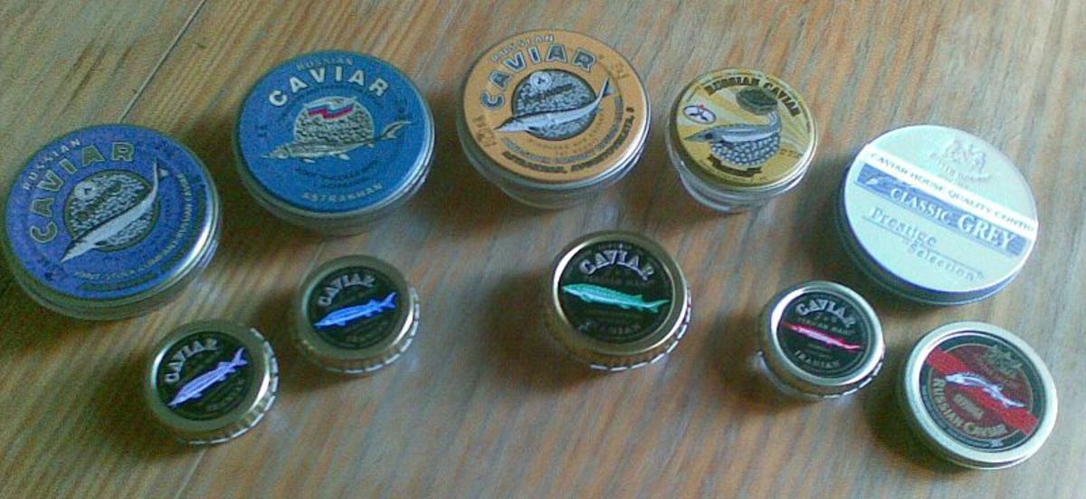 Caviar from the Caspian: Beluga tins are on the left, Ossetra tins are in the center, and Sevruga are on the right