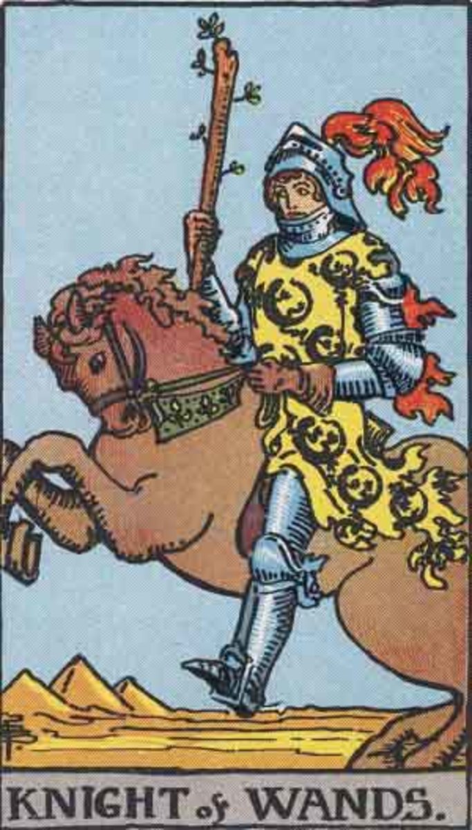 The Knight of Wands is handsome and composed. He knows exactly what he wants. He wears fashionable, eye-catching clothes. His horse is beautiful and expensive.