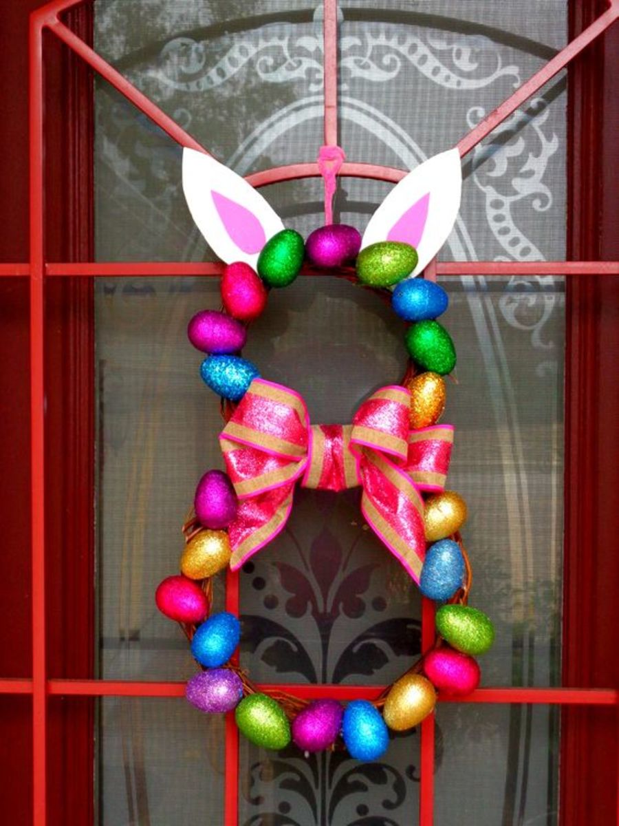 This vibrant wreath uses plastic eggs to form the bunny shape.