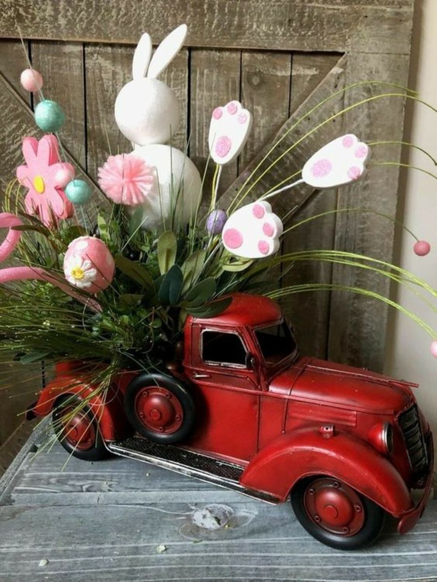 Here's a different take on an Easter planter: Place the items in a dollar store toy truck instead of a planter box.