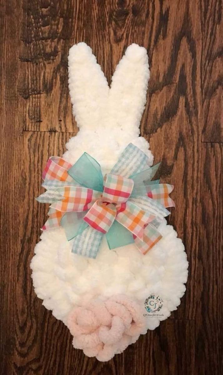 Here's another fabric-wrapped wooden bunny. This one is particularly fluffy!