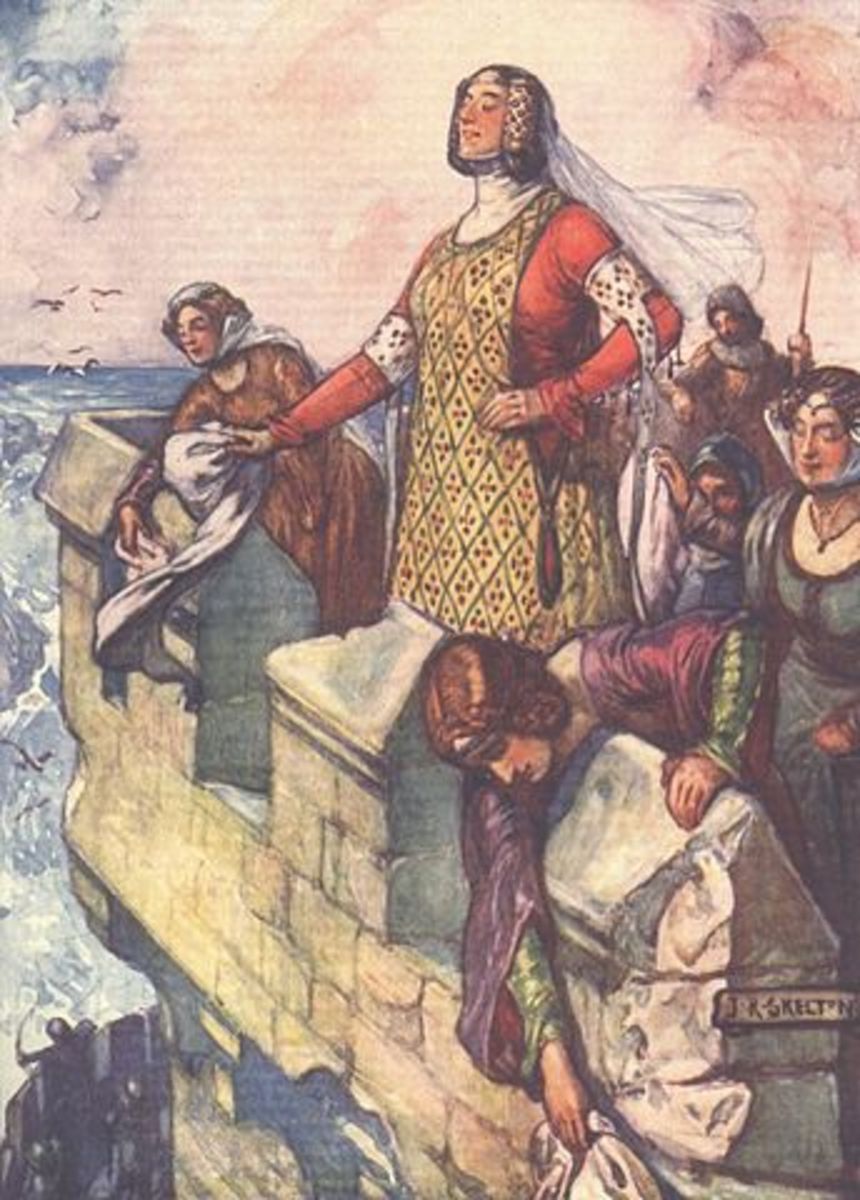 Black Agnes as depicted in a children's history book from 1906 - defending her castle against Montague during a five day siege.