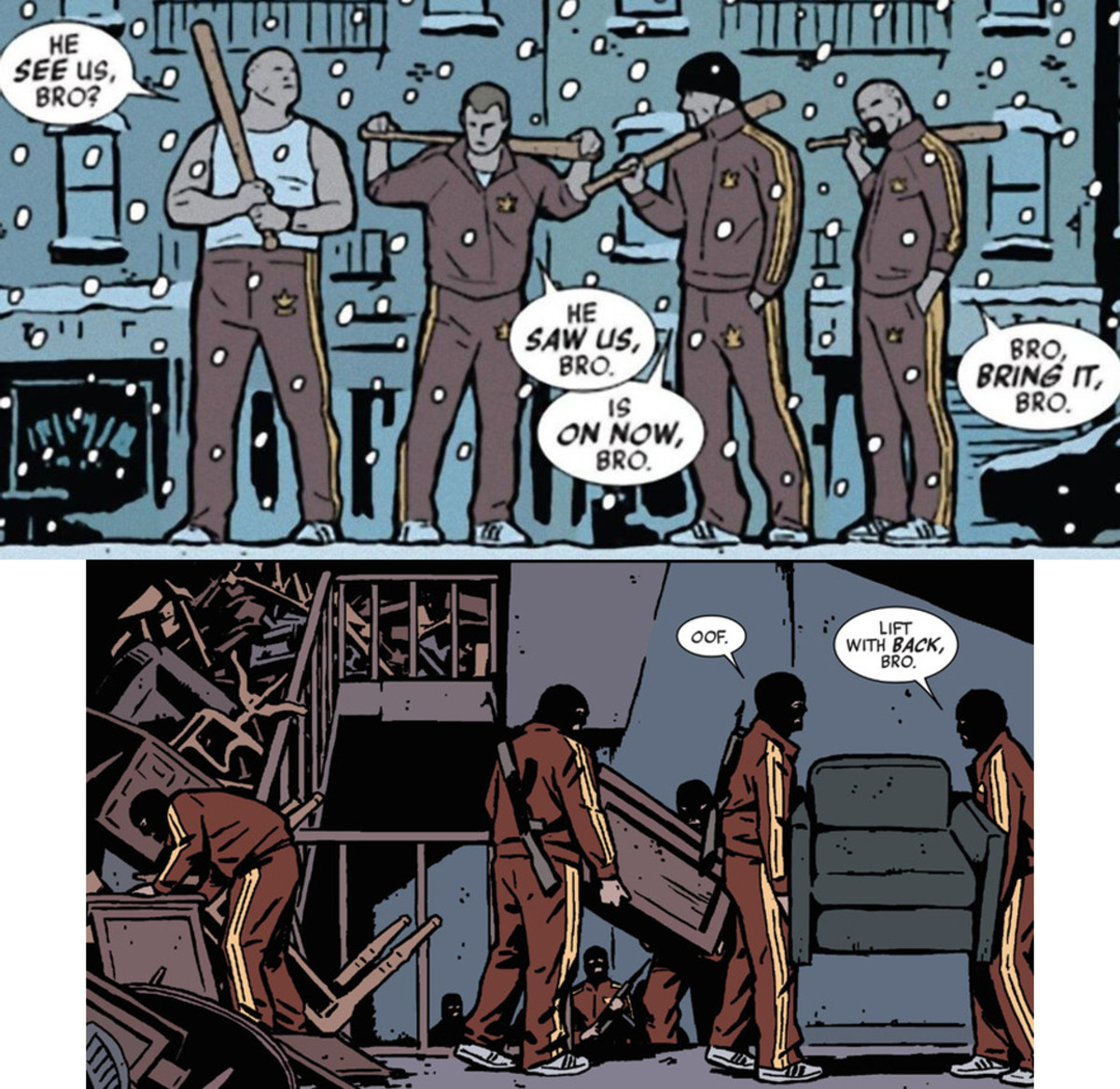 Tracksuit Mafia goons in the Hawkeye comic series beginning in 2012 by Matt Fraction and David AjaA.