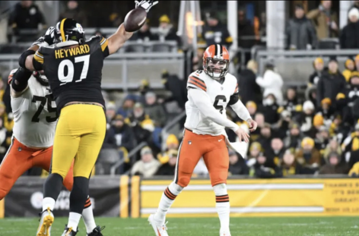 Baker Mayfield throws 2 picks and gets sacked nine times in Browns loss vs Steelers.