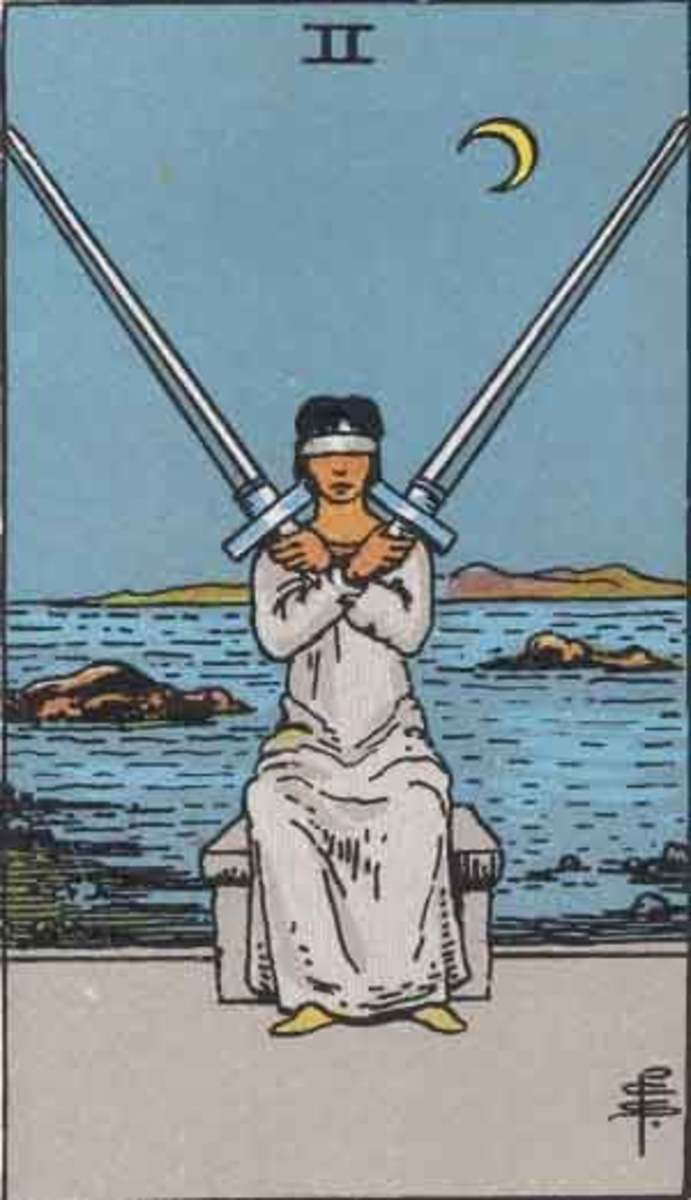 When you cross two swords in front of you, it effectively makes a shield. The Two of Swords indicates a defensive pose as opposed to an offensive one.