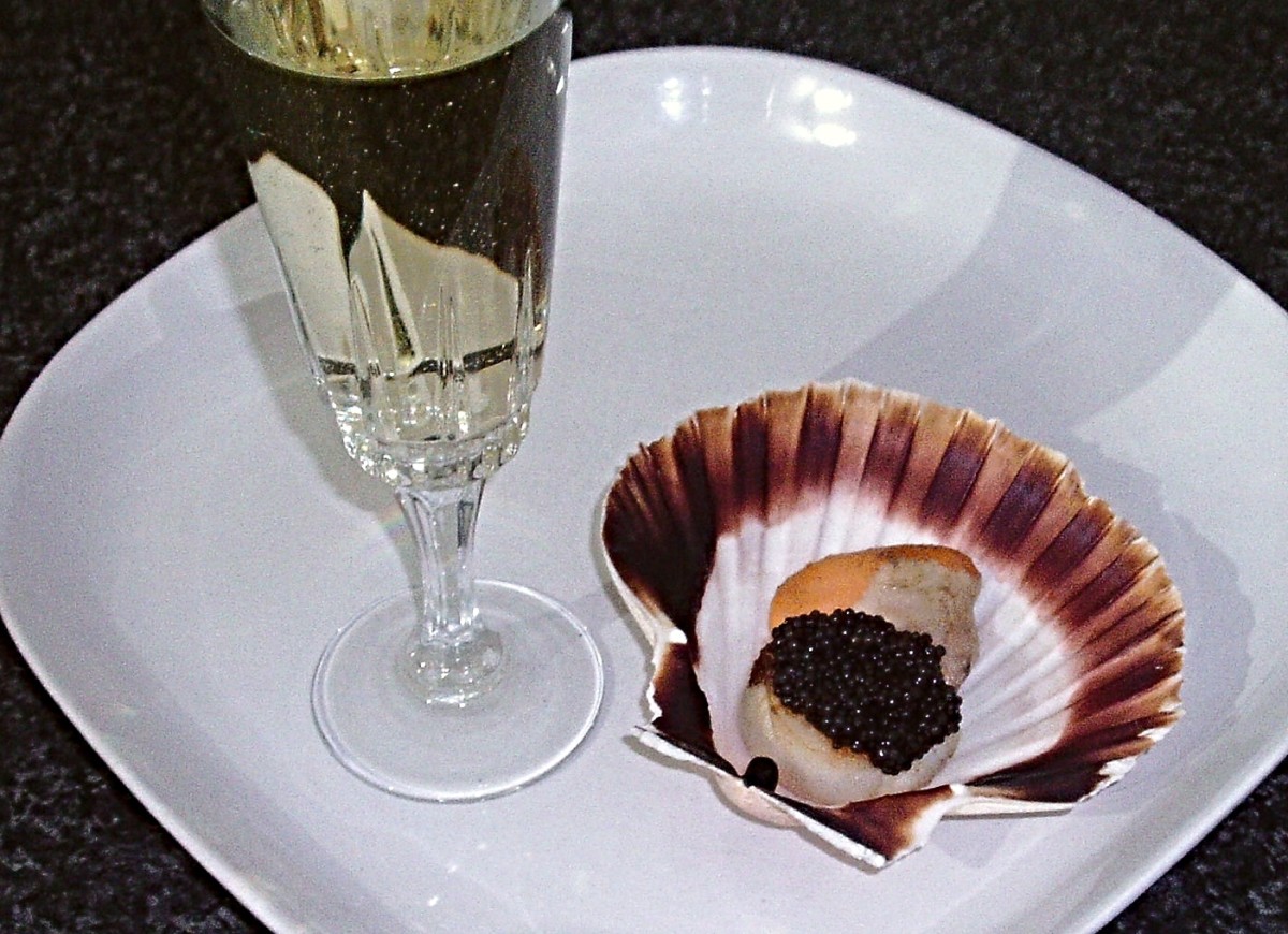 Caviar on scallop in the half shell with champagne