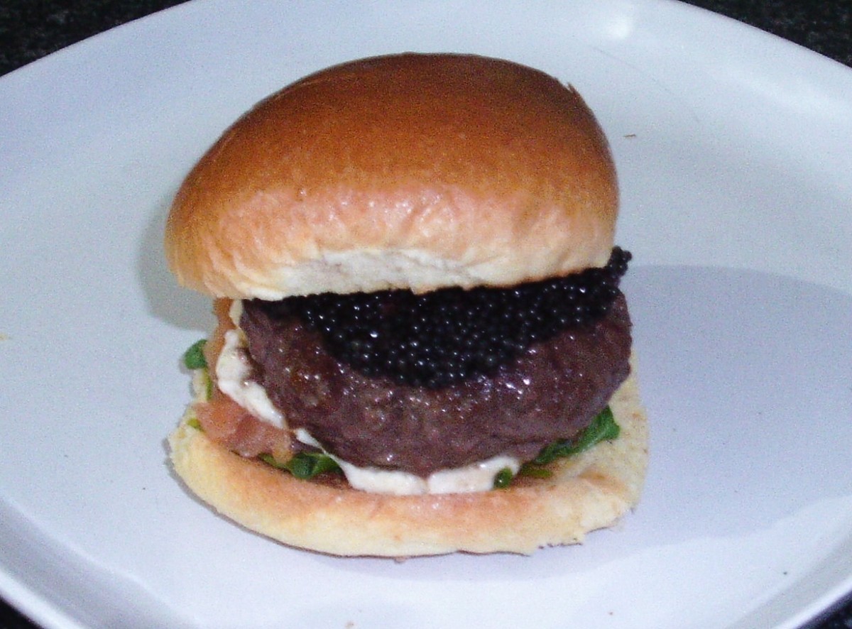 Caviar and smoked salmon burger on brioche bun