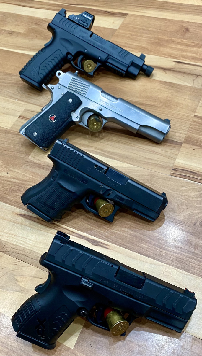 Top to bottom: Springfield XDM 10mm, Colt Delta Elite 10mm, Glock 29 and Springfield XDM Elite 10mm Compact