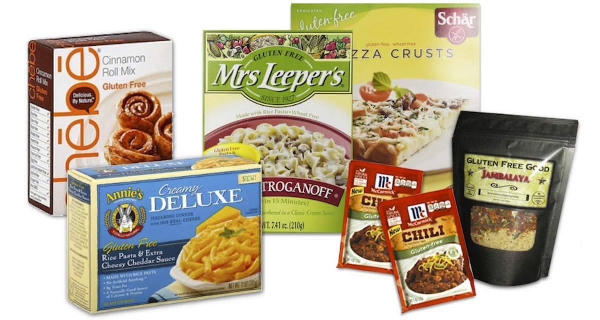 Chebe Gluten Free Cinnamon Roll Mix, Annie's Homegrown GF Creamy Deluxe Rice Pasta Dinner,  Mrs. Leeper’s GF Beef Stroganoff, Scharr GF Pizza Crusts,  McCormick GF Chili Seasoning Mix, and GF Good Foods Cajun Jambalaya Family Meal for 4. All from