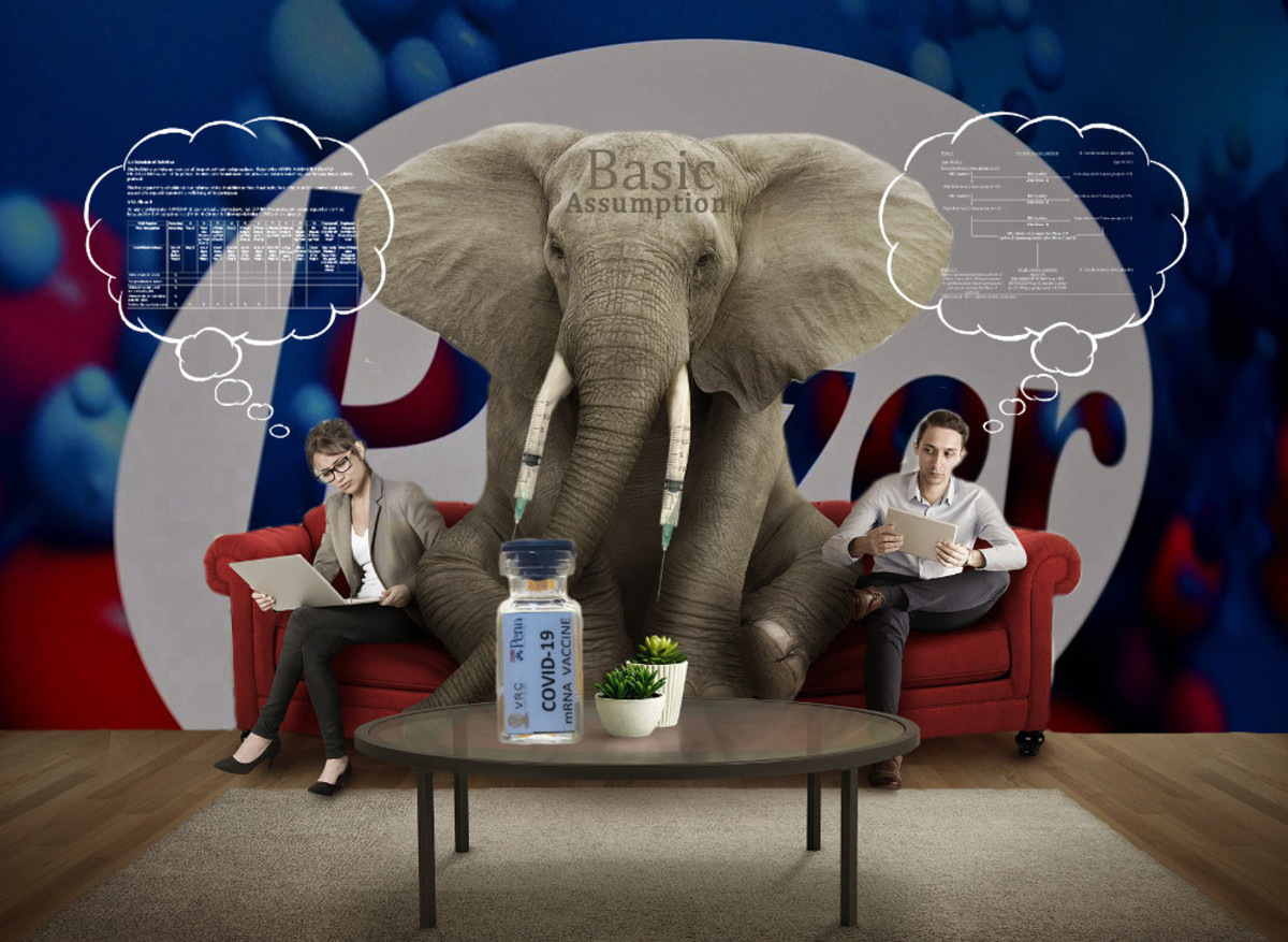 Image of elephant sitting on sofa with vaccine scientists, compiled by R. G. Kernodle.