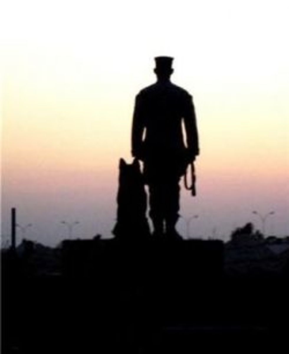 Silhouette of soldier and military working dog from K9 Heroes: Together We Protect, Defend And Conquer As One by Nicole Arbelo.