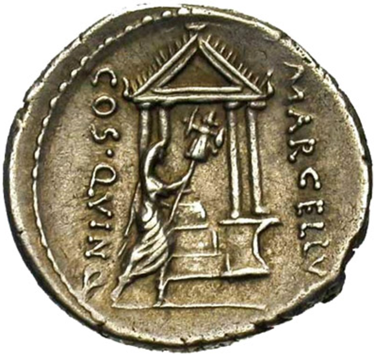 Depiction of the Temple of Jupiter Feretrius on a silver denarius of Lentulus Marcellinus from the first century BC.