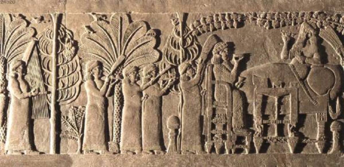 King Ashurbanipal feasting with a royal queen in the royal garden.