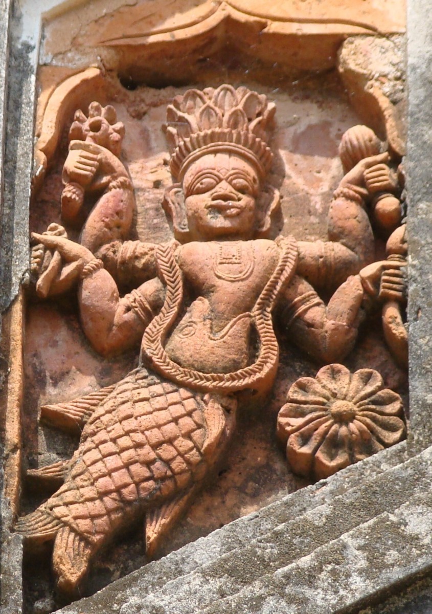 Matsyavatar, terracotta; Charbangla temple, Baronagar, Murshidabad