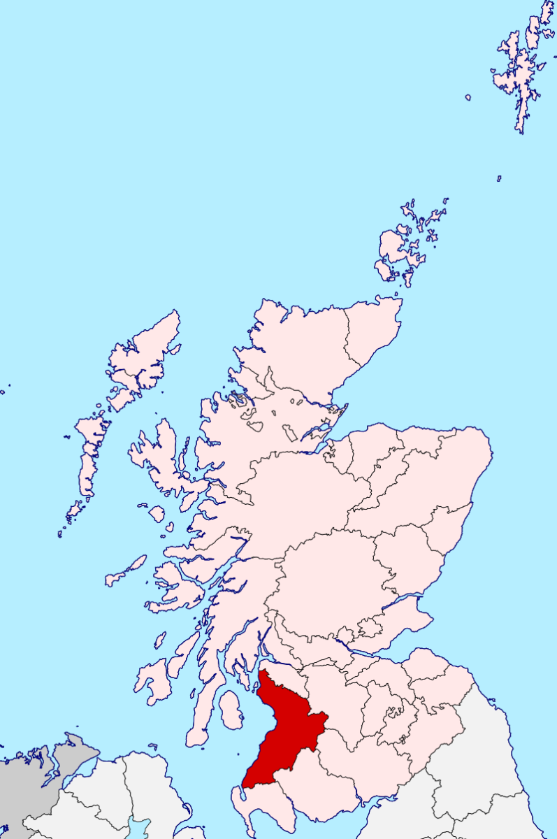 Ayrshire marked on a map of Scotland. 