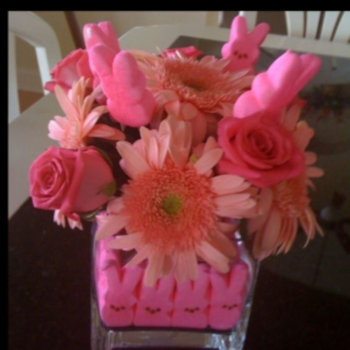 This floral Peeps centerpiece has a pink theme.
