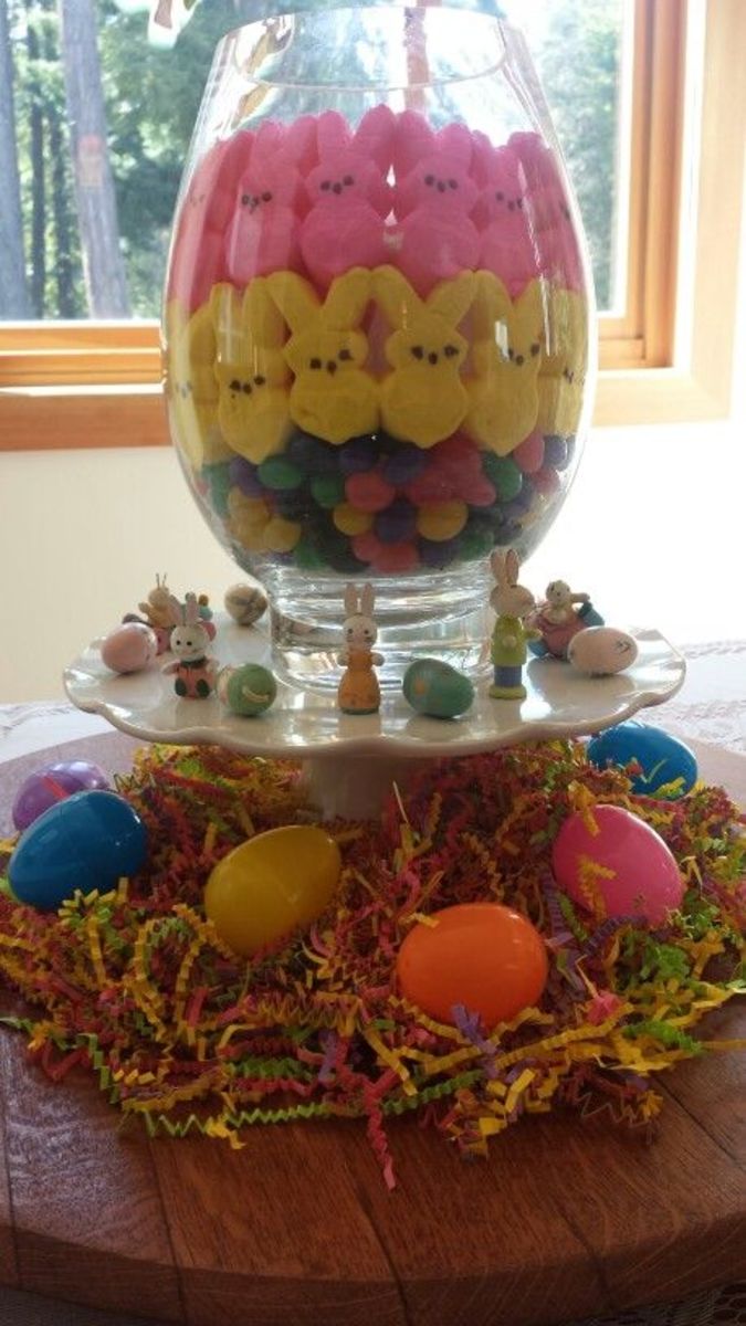 This Peeps display uses multicolored Easter grass to make it extra festive.