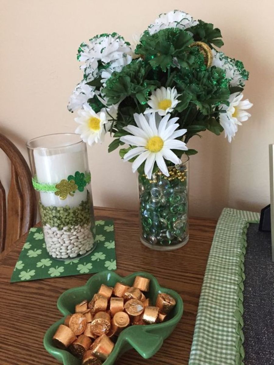 Pretty Filled Vases (Left: white beans, split peas, and a candle. Right: glass pebbles and silk flowers from the dollar store.)