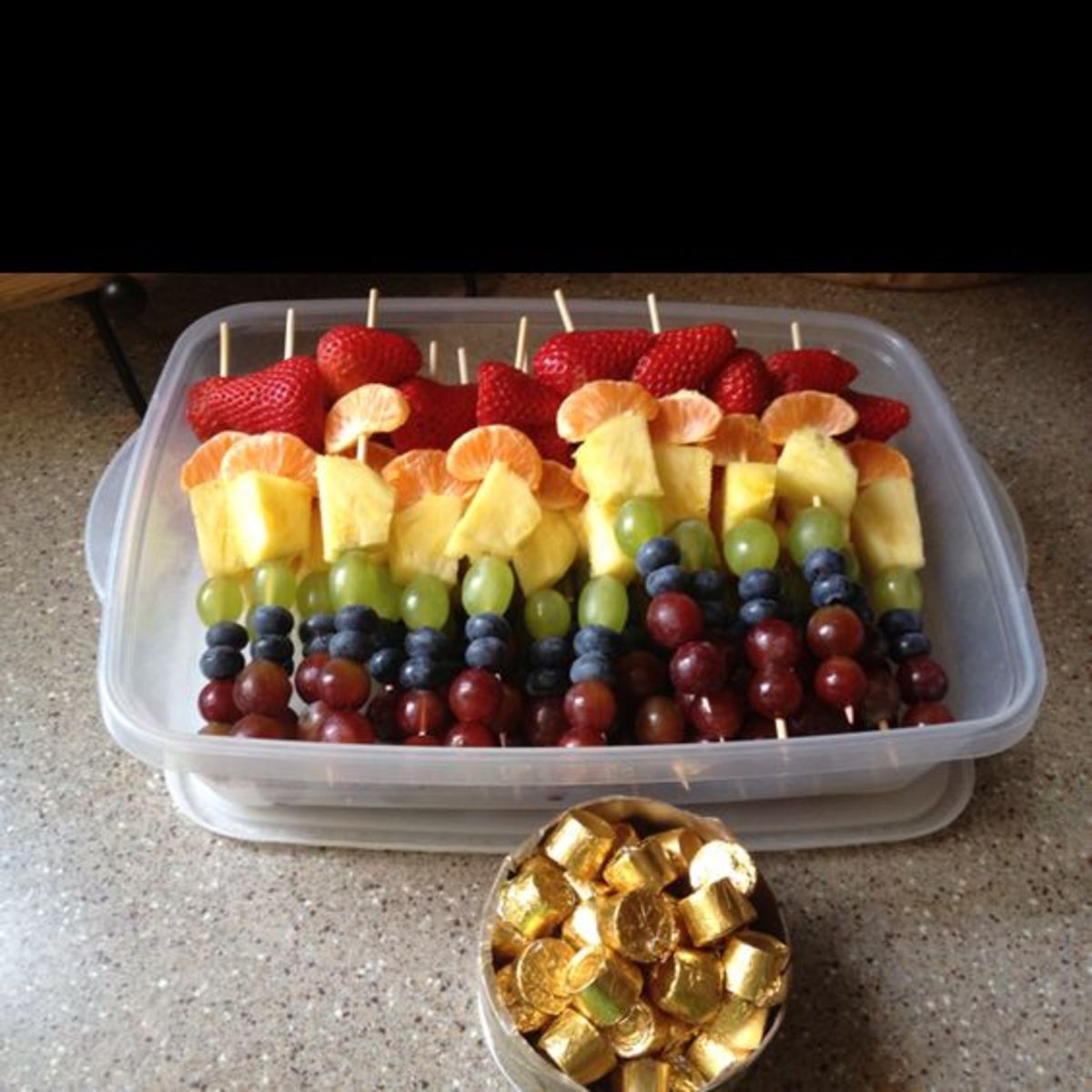 Rainbow Fruit Kebabs With Pot of Gold Chocolates