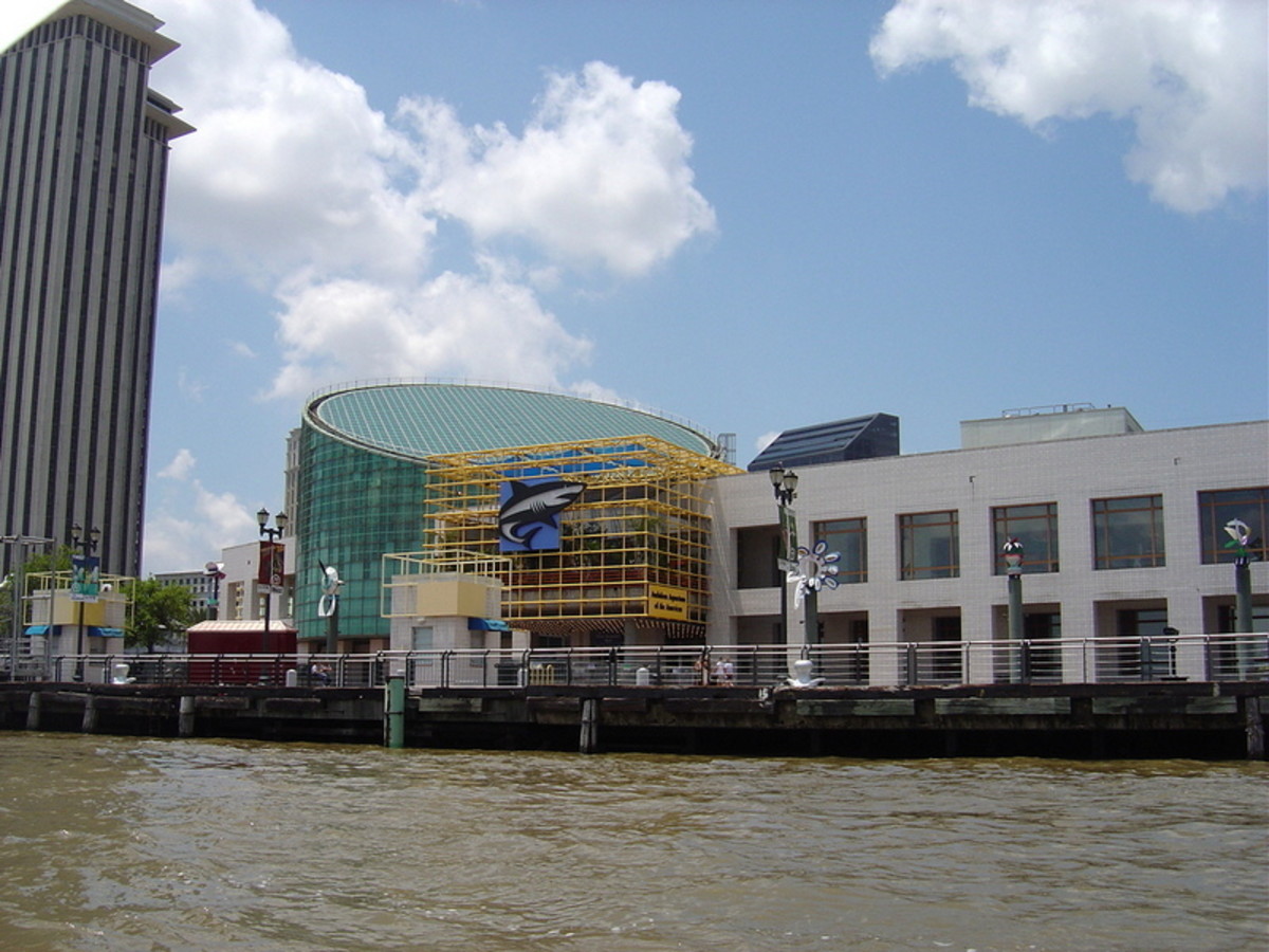 The famous Audubon Aquarium of the Americas in New Orleans is visible on the waterfront of the Mississippi River in  New Orleans.