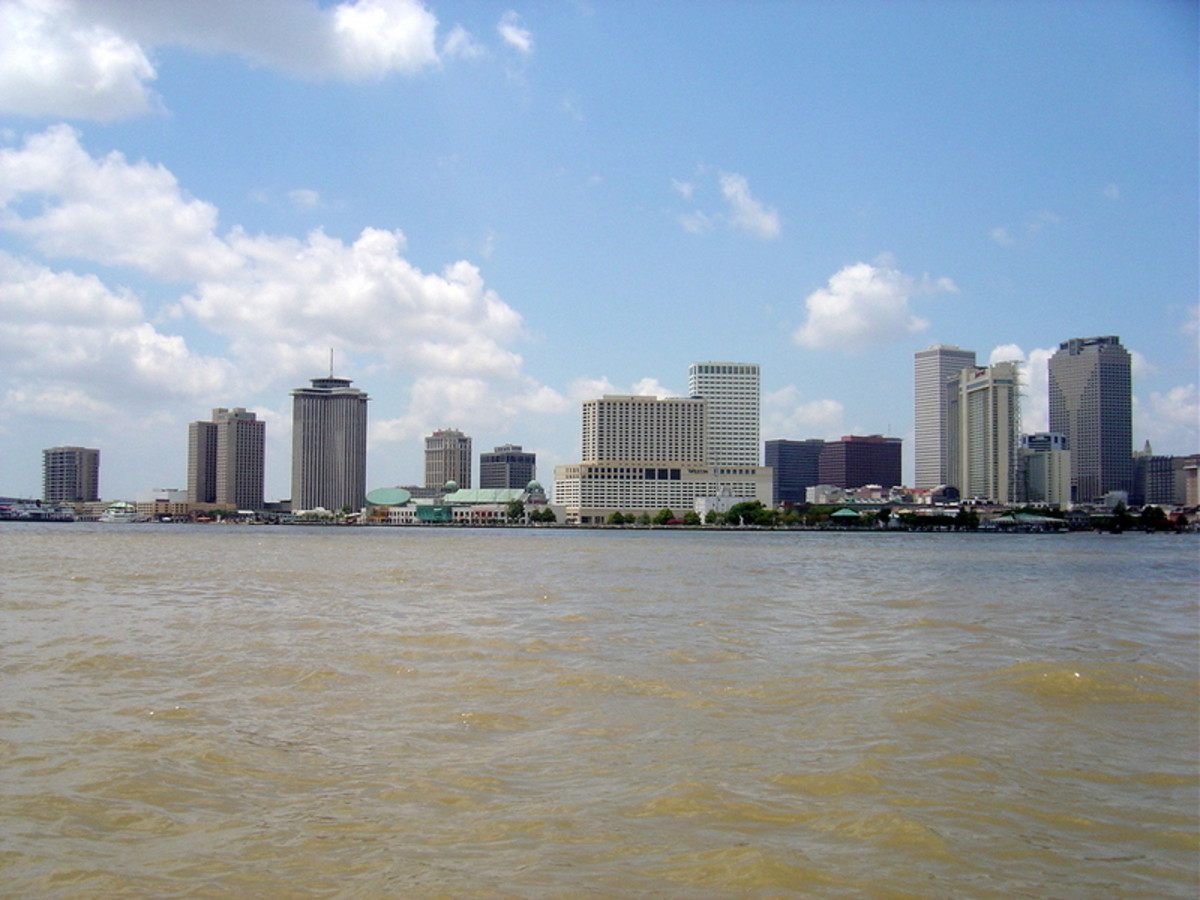The modern city of New Orleans as viewed from the Mississippi River.