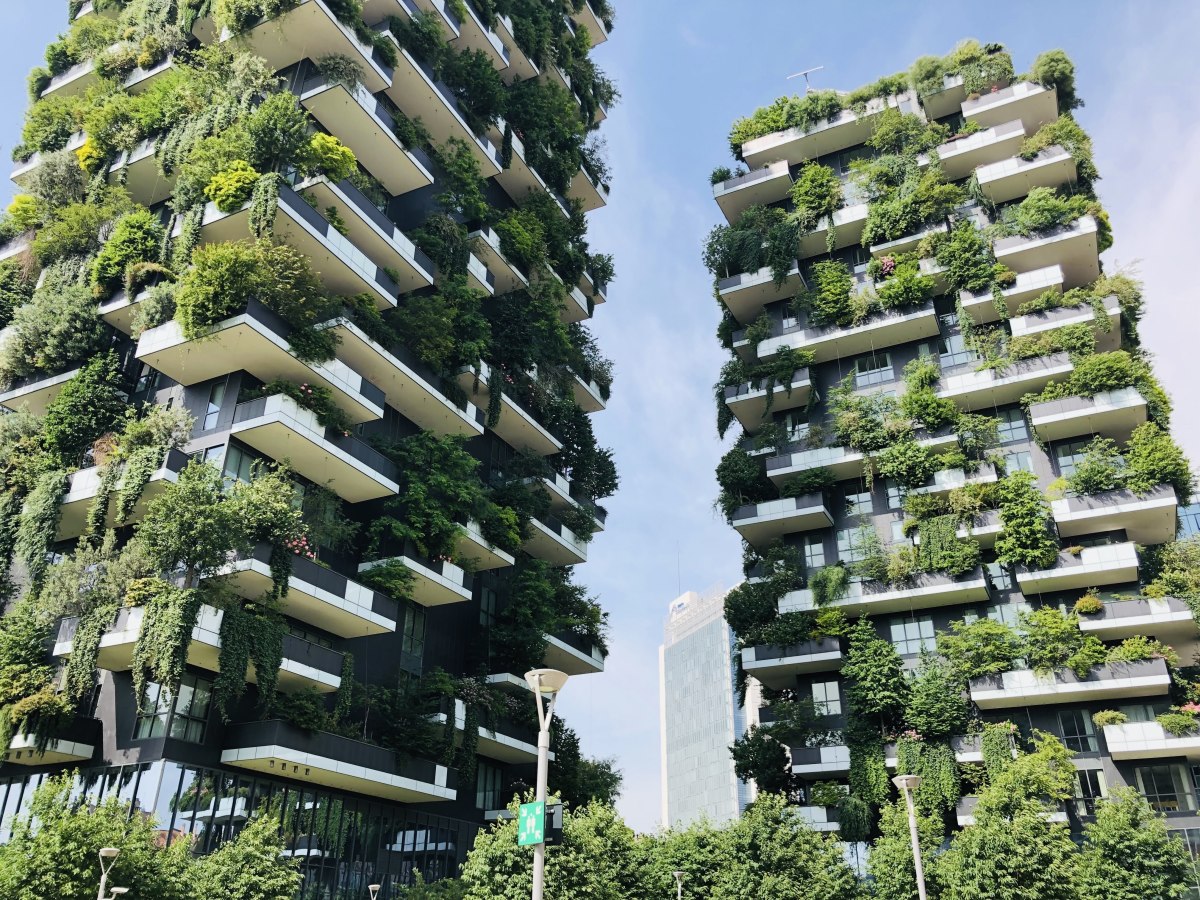 The Vertical Forest (“Bosco Verticale”), a famous luxury residential complex in Milan, Italy, featuring trees and plants.