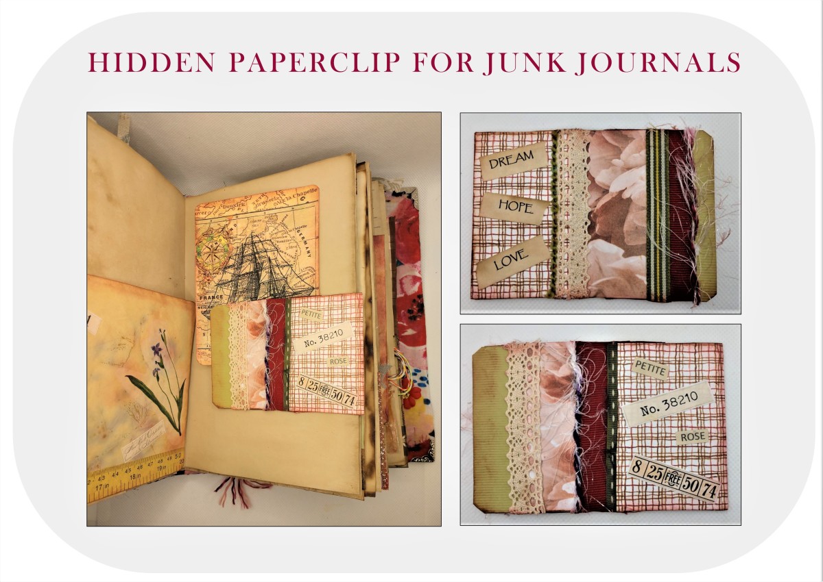 Hidden paperclip on a junk journal page holding a postcard