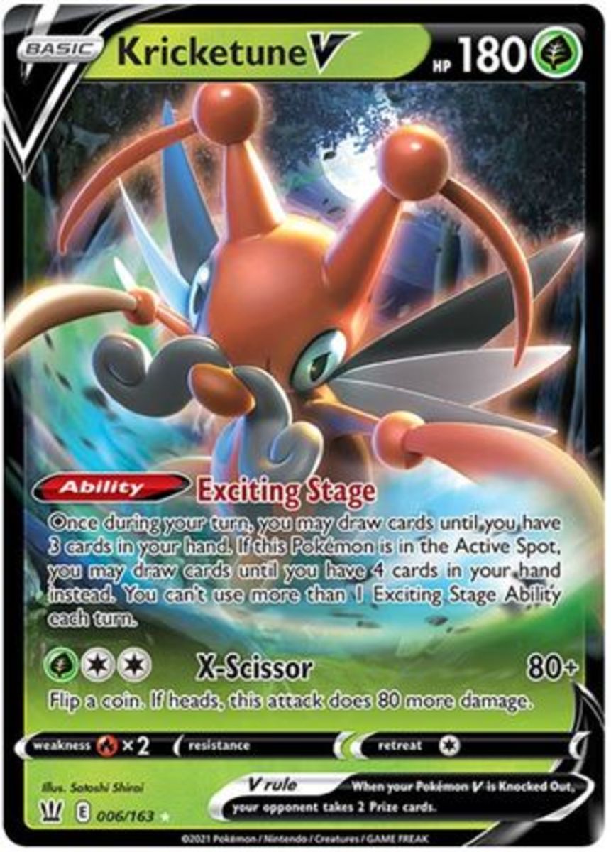 The Exciting Stage Ability allows players to draw cards until they have three cards in their hand if Kricketune V is in the Benched position, and four cards if it is in the Active position.